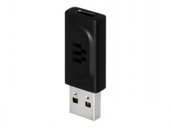EPOS USB-C-USB-A-adapter, elegant och funktionell design Svart USB-C-USB-A-adapter i vertikalt läge på vit bakgrund.