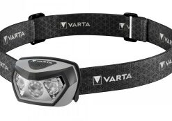 En svart pannlampa av märket Varta med tre LED-lampor och ett justerbart band.