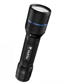 Svart VARTA NIGHT CUTTER PRO F30R-ficklampa, hållbart hölje och blå dekorationsring.