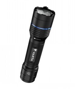 Svart VARTA NIGHT CUTTER PRO F20R TACTICAL ficklampa med svart handtag och blå detaljer.