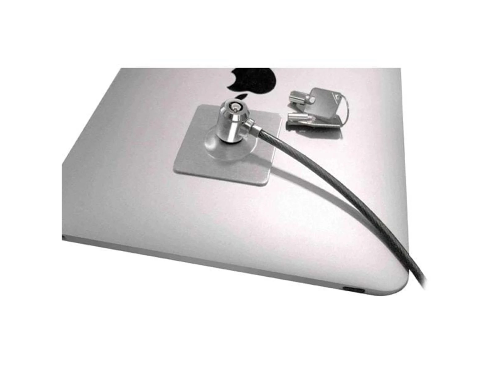 Suojakaapeli kiinnitetty toiviseen Apple-läppäriin; kaksi avainta vieressä. Universal Tablet Holder White kannettavan tietokoneen vieressä. - Prisma-IT Web