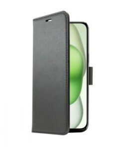 Svart flip cover-stil skyddsfodral för iPhone öppnat, telefonens bildskärm synlig.