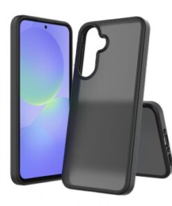 Screenor ICY svart skyddsskal för Samsung A37 Matt svart skyddsskal för Samsung A37-telefon, visas framifrån och bakifrån i stående läge.