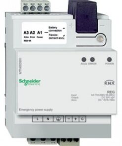 Vit Schneider Electric KNX reservkraftsenhet, framsidesvy med knappar och anslutningar.