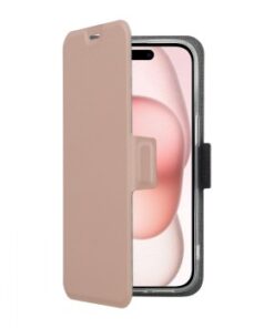 Ljusrosa plånboksfodral med rosaton, öppet för iPhone 15.