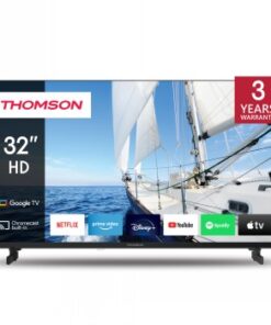 Thomson 32-tums HD Smart TV, skärm med båt på havet och logotyper för streamingappar.