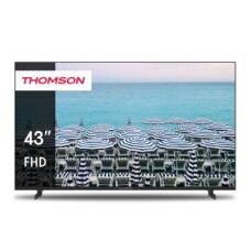 Thomson 43-tums FHD LED-TV med en detaljerad strandvy som bild på skärmen.