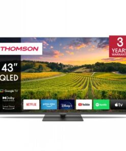 Thomson 43" QLED UHD Google Smart TV - ett färgstarkt och smart val Thomson 43-tums QLED-TV med Googles smartfunktioner. Bildskärm med färgglatt landskapsfoto och logotyper för streamingtjänster.