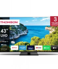 Thomson 43-tums UHD Smart-TV med svart ram och en klar landskapsvy på skärmen.