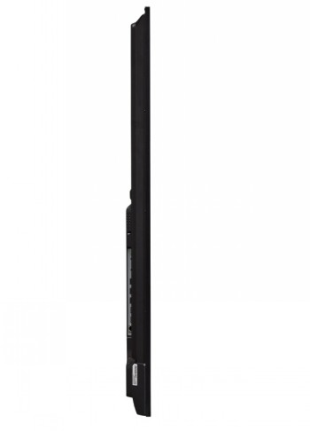 LG 50UL5Q 50" UHD informationsskärm sidoprofil, tunn svart design. Tunn profil av LG 50UL5Q informationsskärm sedd från sidan, svart ram.
