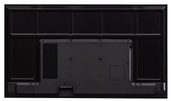 LG 50UL5Q UHD-bildskärmens baksida och anslutningsområde Baksidan av infoskärmen, svart ram och anslutningsportar i mitten, detaljrik design.