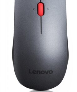 Mörkgrå trådlös Lenovo-mus med rött rullhjul. Fotograferad uppifrån.