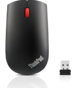 Lenovo ThinkPad trådlös svart mus, rött rullhjul, liten USB-mottagare medföljer.