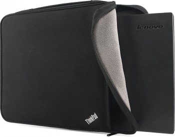 Lenovo ThinkPad Sleeve 12" fodral i svart Lenovo ThinkPad Sleeve 12 tums bärbar dator fodral, svart, öppen dragkedja, grå insida.