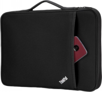 Lenovo ThinkPad Sleeve 12-tums skyddsfodral för bärbar dator Svart Lenovo ThinkPad-skyddsfodral, sidoficka och en delvis synlig röd smartphone.