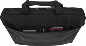 Lenovo Basic Topload Case 15,6” - bärbar dator-väska med framficka Svart Lenovo 15,6-tums Topload-väska öppen, visar innehållet i framfickan såsom pennor, en telefon och tillbehör.