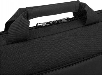 Lenovo Basic Topload Case 15,6", en elegant och praktisk väska. Närbild på dragkedjan och bärhandtaget på den svarta Lenovo Basic Topload Case 15,6-tums väskan.