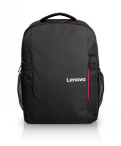 Svart Lenovo-ryggsäck med röda detaljer och nätfickor på sidorna, rak framvy.
