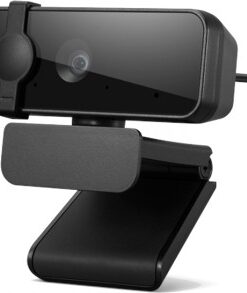 Mustapintainen, suorakulmainen Lenovo-webkamera, jossa linssi keskellä, kiinnike ja johto kuvattuna sivusta.