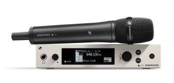 Trådlöst mikrofonsystem Sennheiser EW 500 G4-935-AW+, svart mikrofon och vit mottagare horisontellt.