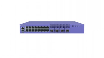 Lila Extreme Networks-switch med 16 Ethernet-portar, 4 SFP-portar och fast AC-strömkälla sedd framifrån.