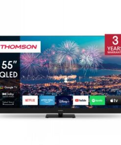 Thomson 55-tums QLED Plus UHD Google Smart TV med stadsutsikt på kvällen och fyrverkerier.