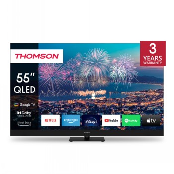 Thomson 55" QLED Plus UHD Google Smart TV – skarp bildkvalitet och modern desi... Thomson 55-tums QLED Plus UHD Google Smart TV med stadsutsikt på kvällen och fyrverkerier.