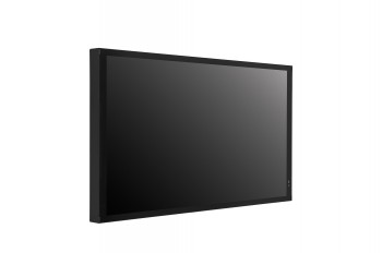 LG 55XE4P 55" FHD för utomhusbruk, hög ljusstyrka och tunn ram Svart 55-tums LG informationsskärm med tunn ram och matt skärm, lutad sidovy.