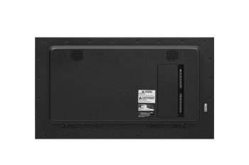 LG 55XE4P -bildskärmens bakpanel för utomhusbruk, 55 tum. LG 55XE4P -bildskärmens bakpanel med ventilationsöppningar och anslutningssektion på svart bakgrund.