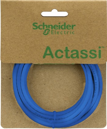Sininen Schneider Electricin 3 metrin Cat6a S/FTP -kytkentäkaapeli esillä litteässä kierrossa pahvisessa pakkauksessa.