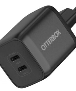 Svart Otterbox 65W EU-väggladdare, två USB-C-portar, minimalistisk design.