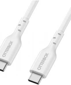 Vit USB-C-kabel med Otterbox-logotyp och en längd på 2 meter, närbild av kontakterna.