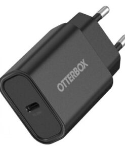 Otterbox USB-C 20W väggladdare svart - effektiv och kompakt lösning Svart Otterbox USB-C-väggladdare med en USB-PD-port på 20 W och två metallpluggar.