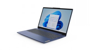 Lenovo IdeaPad Slim 3 15.6 tums bärbar dator Mörkblå Lenovo IdeaPad Slim 3 bärbar dator, öppen, med operativsystemet Windows 11 på skärmen.