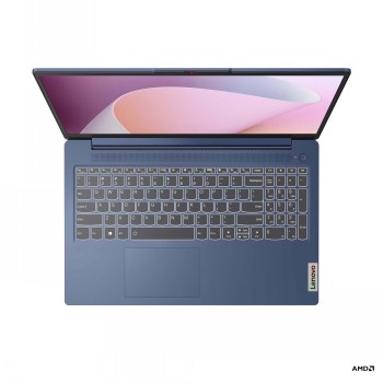 Lenovo IdeaPad Slim 3 bärbar dator med 15,6-tums bildskärm En blå Lenovo IdeaPad Slim 3 bärbar dator öppen, tangentbord och bildskärm synliga.
