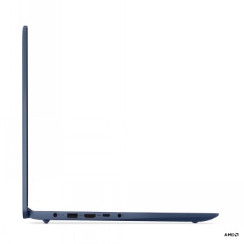Lenovo IdeaPad Slim 3 - tunn och lätt 15,6" bärbar dator Lenovo IdeaPad Slim 3 -bärbar dator från sidan. Tunn blå ram, 15,6-tums skärm, portutbud på vänster sida...