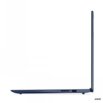 Lenovo IdeaPad Slim 3 i sin tunna sidoprofil Lenovo IdeaPad Slim 3 bärbar dator från sidoprofilen. Tunn och minimalistisk design i mörkblå färg.