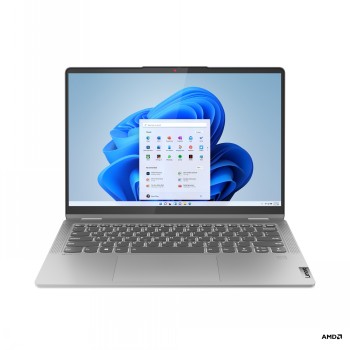 Silverfärgad Lenovo Flex 5 bärbar dator med pekskärm och startskärmen för Windows 11 visad.