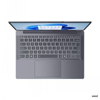 Lenovo IdeaPad Slim 3 - Grå bärbar dator med OLED-bildskärm Lenovo IdeaPad Slim 3 bärbar dator sedd uppifrån. Tangentbord, grått chassi och OLED-bildskärm är synliga.