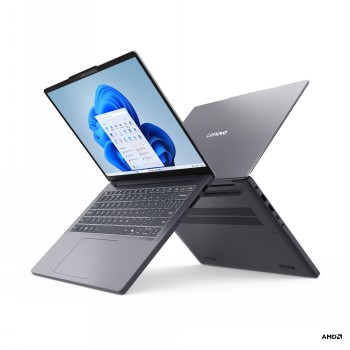 Lenovo IdeaPad Slim 3 bärbar dator, elegant med 14-tums OLED-bildskärm Lenovo IdeaPad Slim 3 bärbar dator öppnad i två olika vinklar, grå metallfinish och 14-tums OLED-bildskärm.