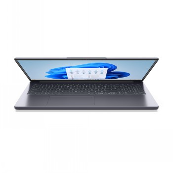 Lenovo IdeaPad Slim 3 med modern och tunn design Lenovo IdeaPad Slim 3 bärbar dator fotograferad framifrån halvöppen, tunn och modern design, elegant mörkgrå färg.