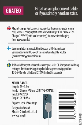 GRATEQ USB-C - MAGNET PAD LANGATON LATURI 1.5M