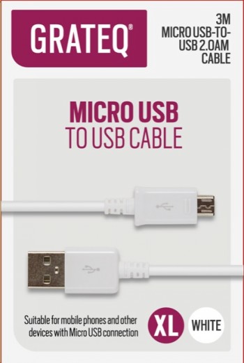 GRATEQ USB-A - MICRO-USB KAAPELI 3.0M VALKOINEN