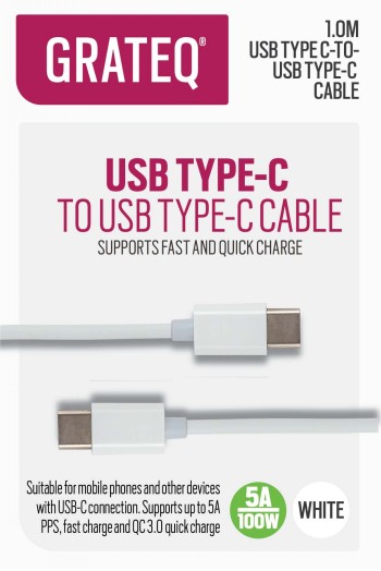 GRATEQ USB-C - USB-C KAAPELI 100W 1M VALKOINEN