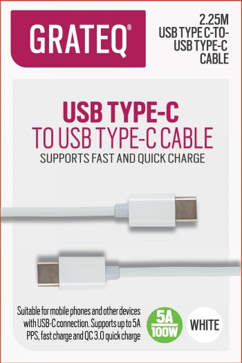 GRATEQ USB-C - USB-C KAAPELI 100W 2.25M VALKOINEN