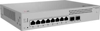 Huawei S220S-8T2J fläktfri switch, 8 portar och 2 SFP-platser Silvergrå Huawei-nätverksenhet-switch med 8 Ethernet-portar och 2 SFP-portar på frontpanelen.