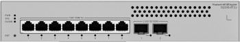 Huawei ekit switch S220S-8T2J, kompakt och fläktlös nätverksenhet. Huawei ekit switch, grå, 8 Ethernet-portar och 2 SFP-portar, strömanslutning på höger sida.