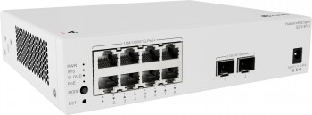 Huawei S210-8P2J nätverksswitch, 8 portar och stöd för PoE+. Vit nätverksenhet, luftintag och åtta Ethernet-portars switch, Huawei-logotyp i övre hörnet.