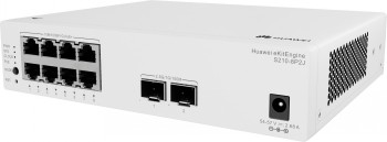 Huawei ekit switch S210-8P2J, 8 Ethernet-portar och 2 SFP-portar Vit Huawei ekit switch med 8 Ethernet-portar och 2 SFP-portar på fronten, samt ventilationsöppningar på sidan.