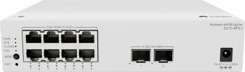 Huawei eKit Switch S210-8P2J, åtta Ethernet-portar och fläktfri design Grå Huawei eKit Switch S210-8P2J i närbild, med åtta Ethernet-portar och två SFP-portar på frontpanelen.